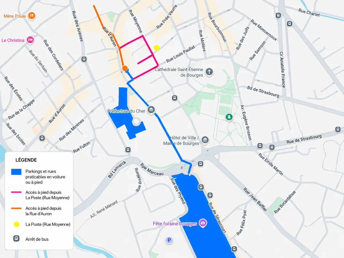 Plan d’accès pieton et boutons d'itineraires selon le parking choisi